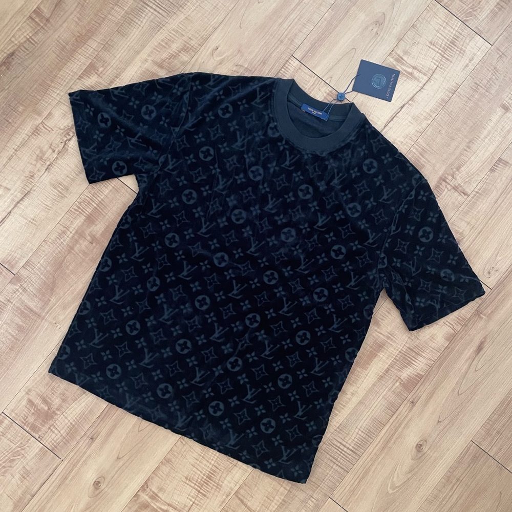 LV Velvet Velour Monogram T Shirt Black Men Size L